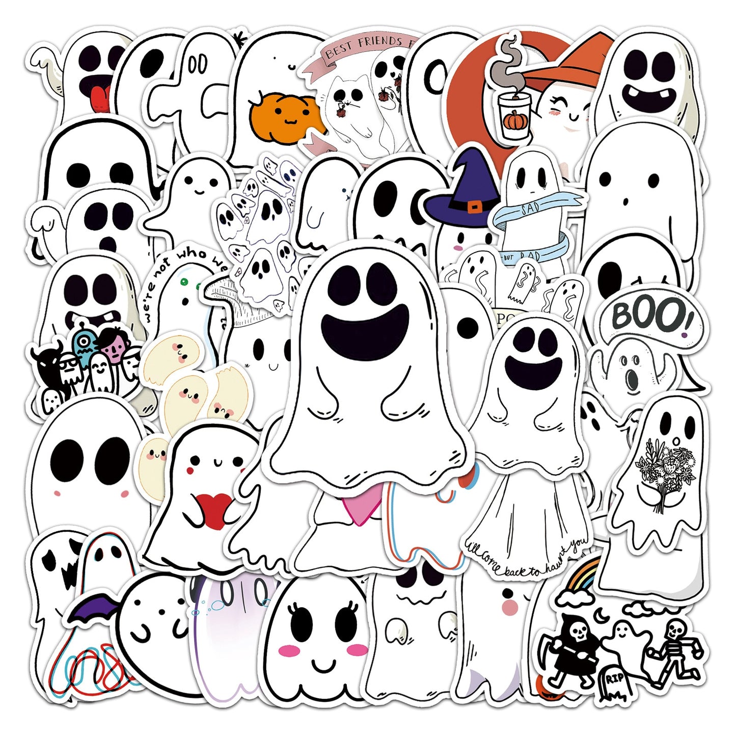 10/30/50PCS Cartoon White Sheet Ghost Stickers Halloween Style Graffiti Decals DIY Window Wall Notebook Phone Suitcase Kids Toys