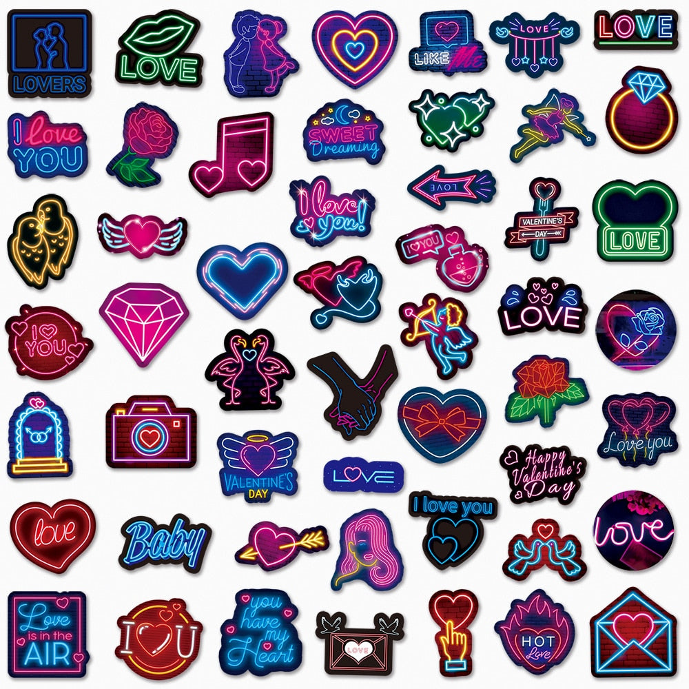 10/30/50PCS Cool Neon LOVE Valentine&#39;s Day Stickers for Girl Gift Toy DIY Laptop Phone Wall Car Waterproof Fashion Sticker Decal