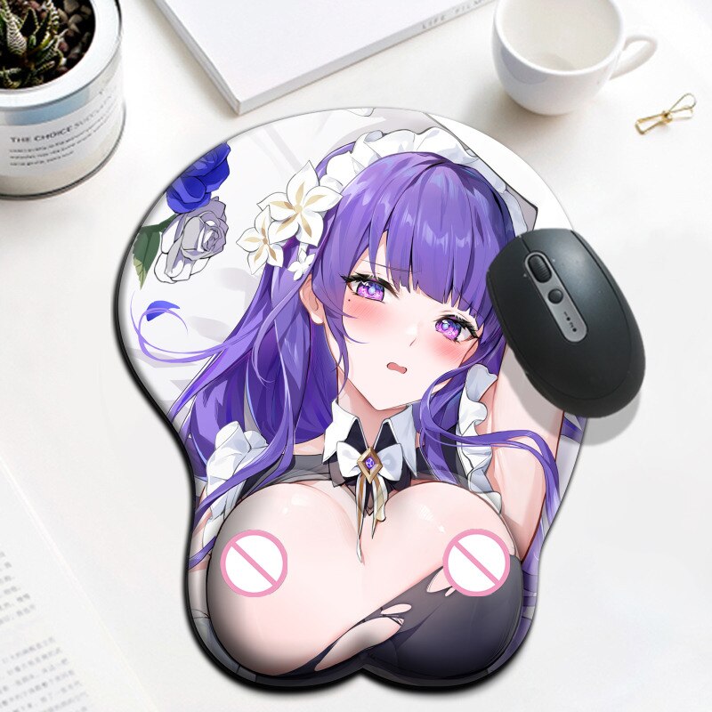 Genshin Impact Raiden Shogun Maid Dress 3D Boobs Mousepad Cute Gaming Figure Anime Mouse Pad with Wrist Rest Oppai Desk Mat