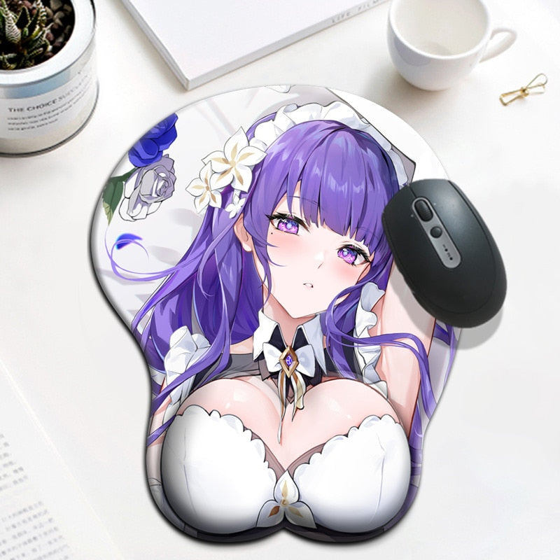 Genshin Impact Raiden Shogun Maid Dress 3D Boobs Mousepad Cute Gaming Figure Anime Mouse Pad with Wrist Rest Oppai Desk Mat