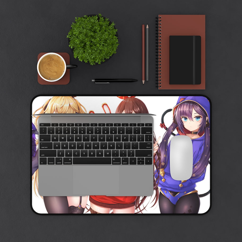 Genshin Impact Sexy Mousepad - Kawaii Fischl, Amber And Mona Gaming Desk Mat - Ecchi Playmat