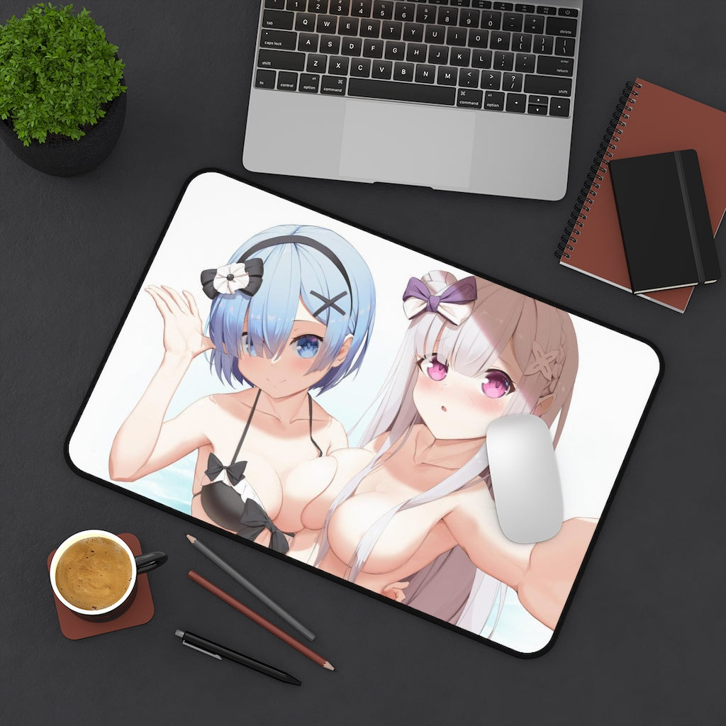 Re Zero Sexy Mousepad - Rem And Emilia Big Boobs Waifus Ecchi Desk Mat - Anime Isekai Playmat