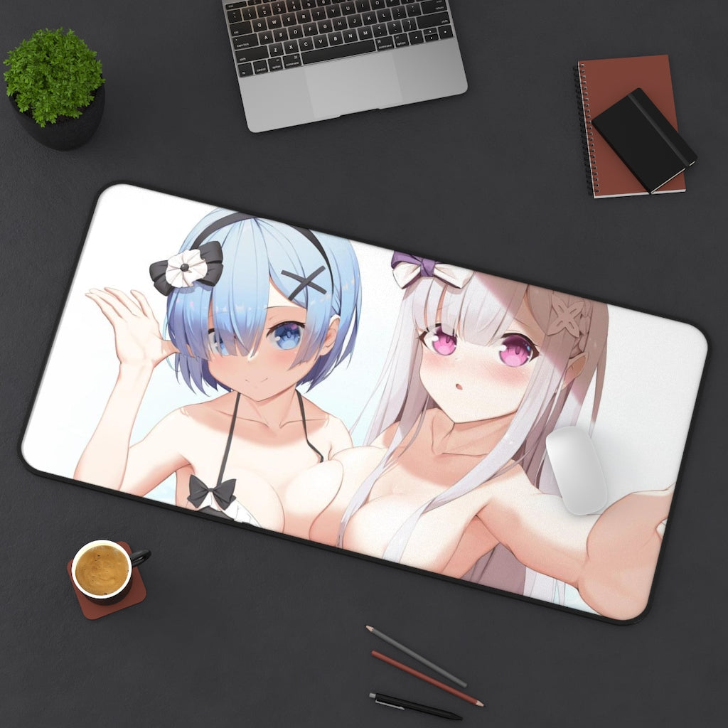 Re Zero Sexy Mousepad - Rem And Emilia Big Boobs Waifus Ecchi Desk Mat - Anime Isekai Playmat