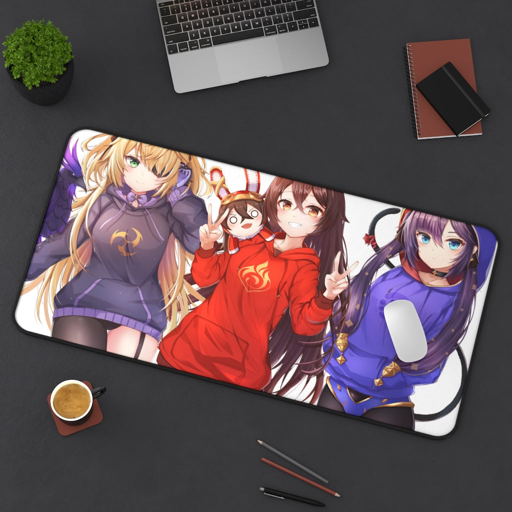 Genshin Impact Sexy Mousepad - Kawaii Fischl, Amber And Mona Gaming Desk Mat - Ecchi Playmat