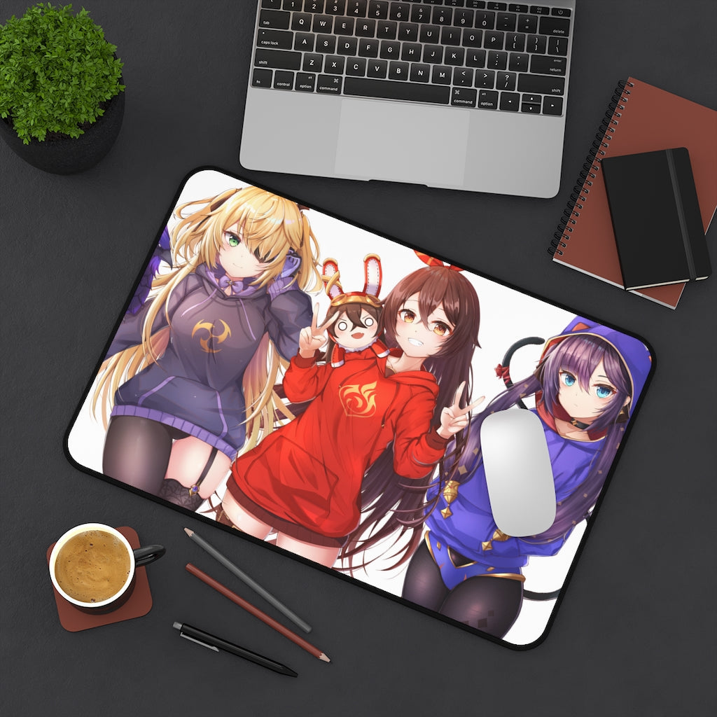 Genshin Impact Sexy Mousepad - Kawaii Fischl, Amber And Mona Gaming Desk Mat - Ecchi Playmat