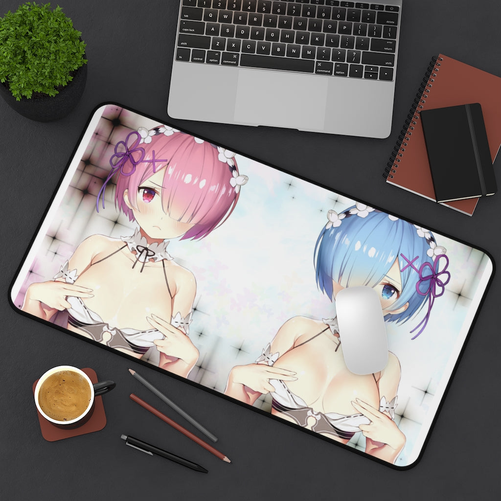 Re:Zero Anime Mousepad - Ram And Rem Covering Nipples - Large Desk Mat - Ecchi Mouse Pad - Sexy Playmat