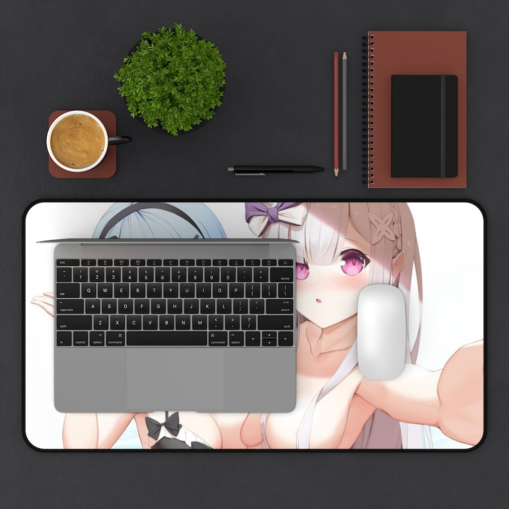 Re Zero Sexy Mousepad - Rem And Emilia Big Boobs Waifus Ecchi Desk Mat - Anime Isekai Playmat