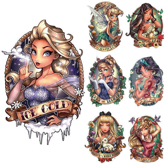 Disney Princess movies Parches Princess Painting Patches Decor Custom Stickers Heat Transfer Washable Applique kids DIY Patches