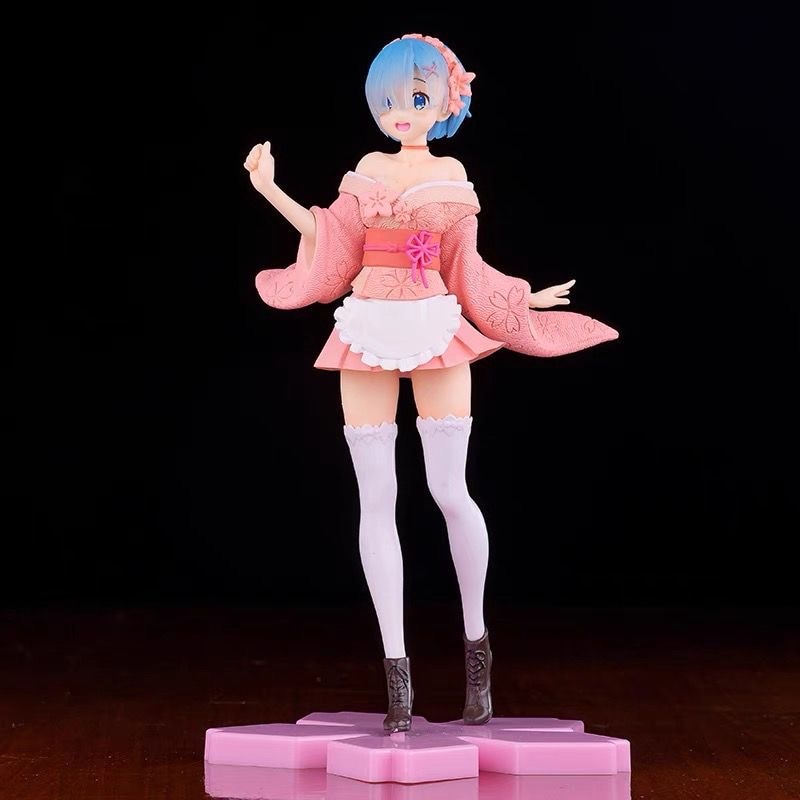 23CM Anime Lovely girl with blue hair Figure Kawaii Sakura kimono Rem Ram Model PVC Toys Gift in a colorful box