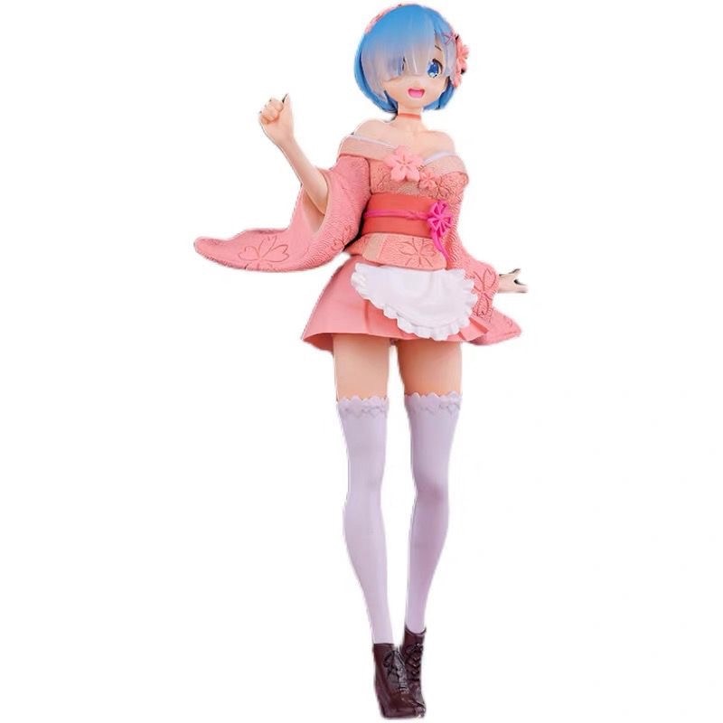 23CM Anime Lovely girl with blue hair Figure Kawaii Sakura kimono Rem Ram Model PVC Toys Gift in a colorful box