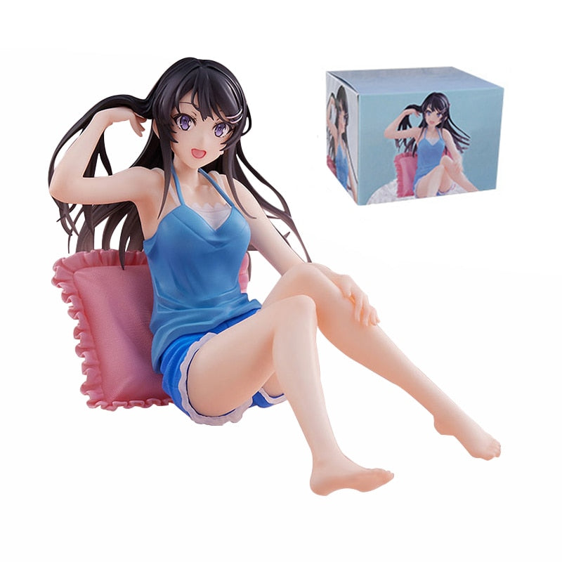 9CM Sakurajima Mai Anime Figure PVC Sitting Posture Home Clothes Blue Suspenders Shorts Model Toys  Collection Ornaments