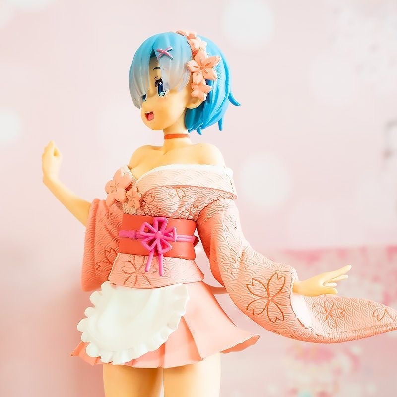 23CM Anime Lovely girl with blue hair Figure Kawaii Sakura kimono Rem Ram Model PVC Toys Gift in a colorful box