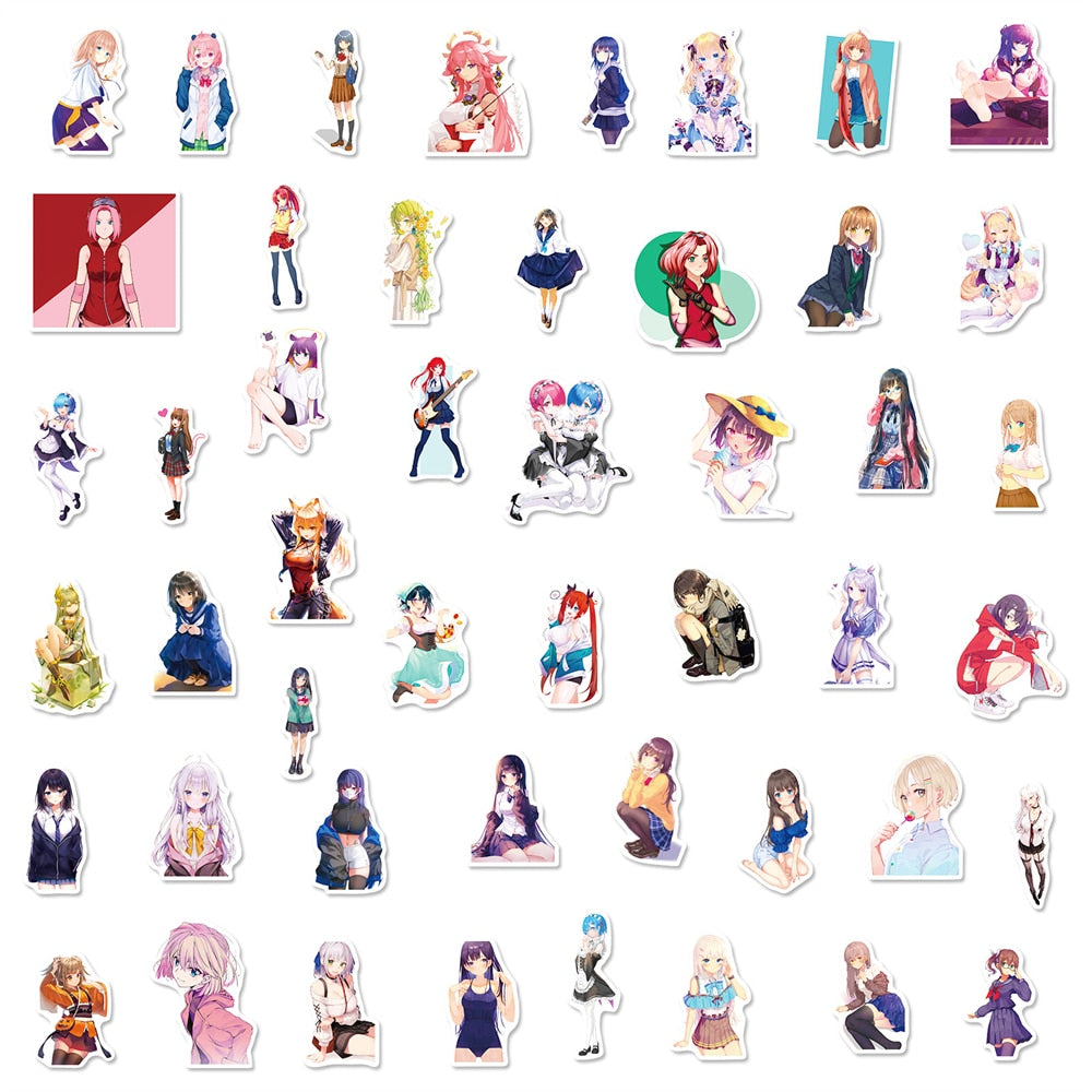 50 Pcs Cartoon Anime girls Beautiful Girl Mix Graffiti Stickers | DIY Luggage ,Computer, Car Stickers