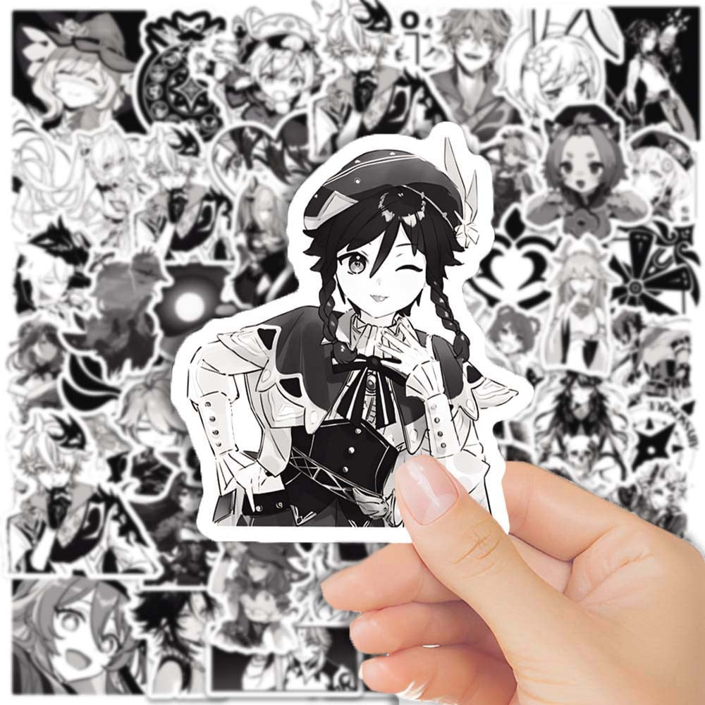 10/50pcs Game Genshin Impact Figure Sticker Pack for Kid Scrapbooking Luggage Laptop Wall Cartoon Black and White Graffiti Decal