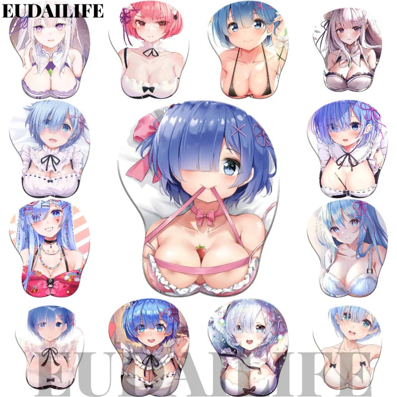 Rem Ram Emilia Re zero Anime 3D Hand Wrist Rest Mouse Pad Mousepad Silicone Breast Oppai Soft Mouse Mat Office Work Otaku Gift