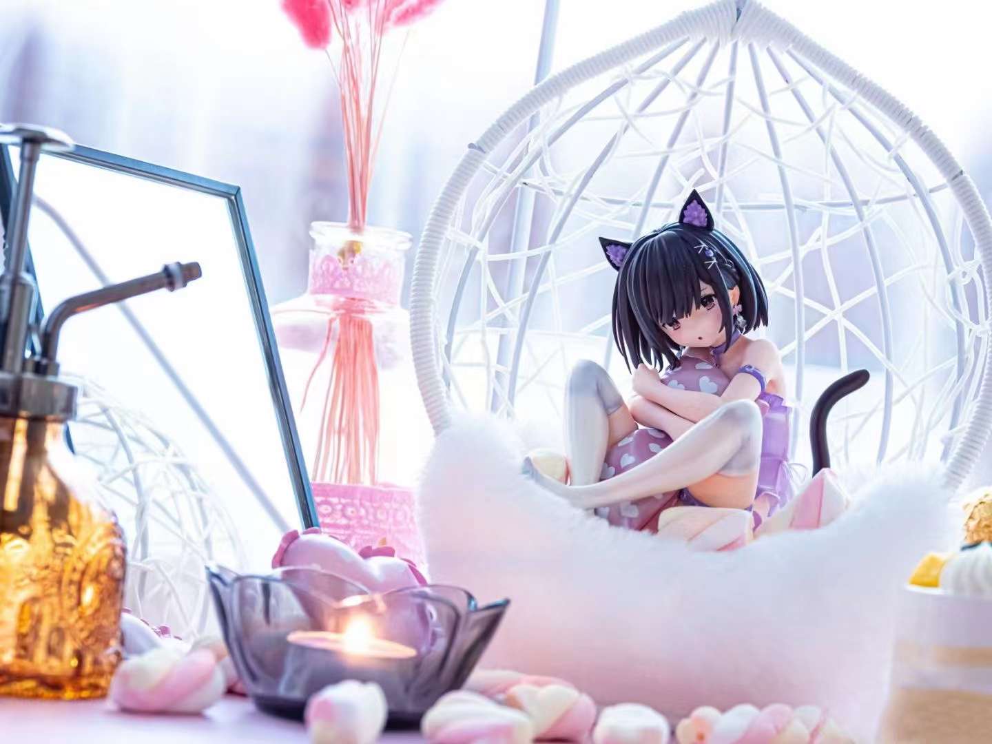 14CM Japan Anime Figure Ayaka sauce Sexy Cat Ear Girl Sitting Kawaii Beautiful Girl Model PVC Collection Static Toys Doll