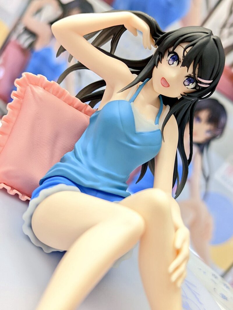 9CM Sakurajima Mai Anime Figure PVC Sitting Posture Home Clothes Blue Suspenders Shorts Model Toys  Collection Ornaments