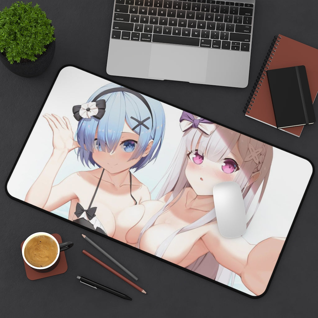 Re Zero Sexy Mousepad - Rem And Emilia Big Boobs Waifus Ecchi Desk Mat - Anime Isekai Playmat