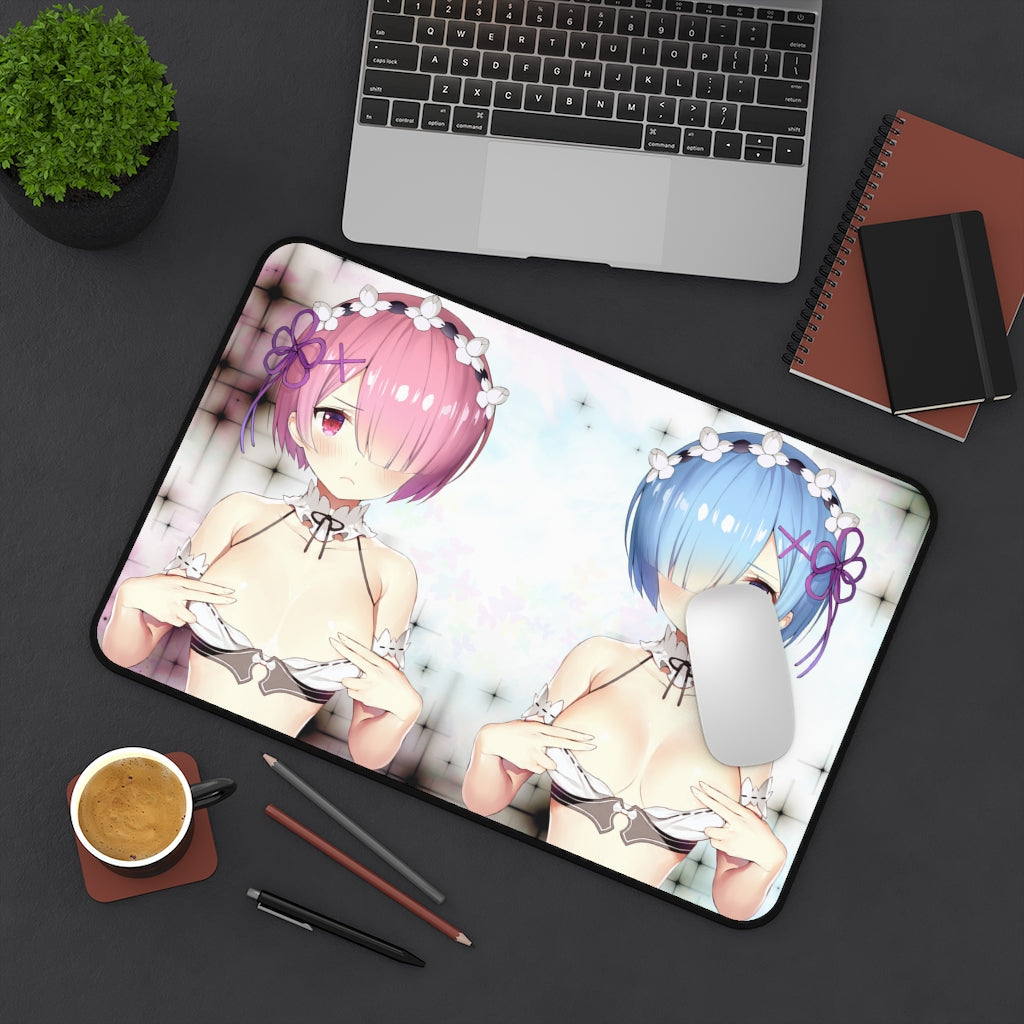 Re:Zero Anime Mousepad - Ram And Rem Covering Nipples - Large Desk Mat - Ecchi Mouse Pad - Sexy Playmat