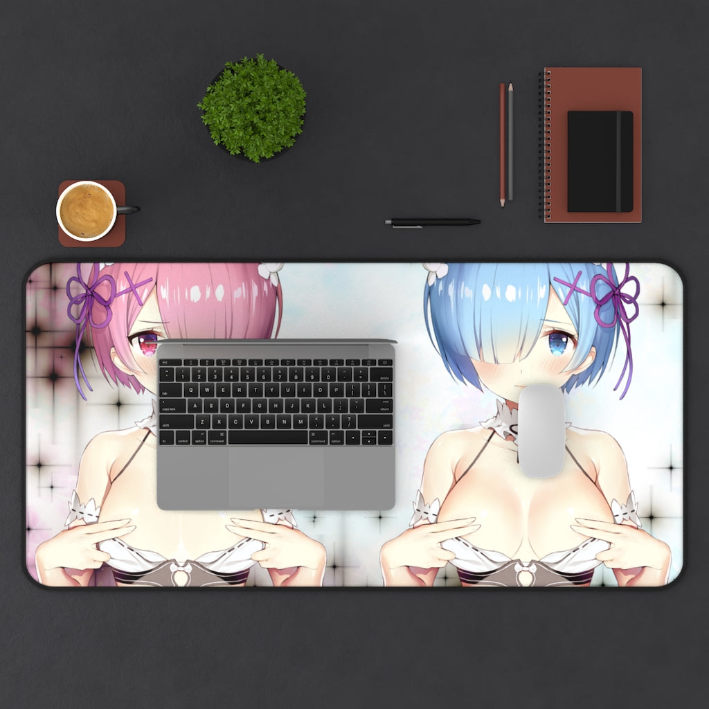 Re:Zero Anime Mousepad - Ram And Rem Covering Nipples - Large Desk Mat - Ecchi Mouse Pad - Sexy Playmat