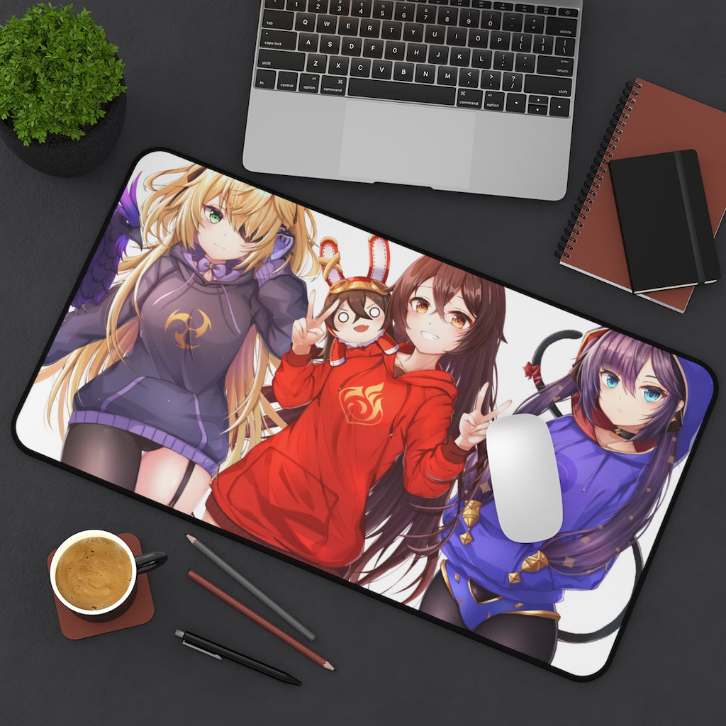 Genshin Impact Sexy Mousepad - Kawaii Fischl, Amber And Mona Gaming Desk Mat - Ecchi Playmat